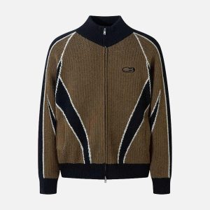 Concert Outfit Vintage Patchwork Contrast Color Stand Collar Cardigan