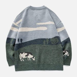 Concert Outfit Vintage Prairie Cow Pattern Streetwear Sweater