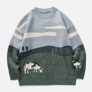 Concert Outfit Vintage Prairie Cow Pattern Streetwear Sweater