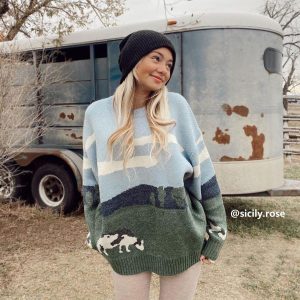 Concert Outfit Vintage Prairie Cow Pattern Streetwear Sweater