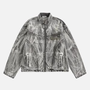 Concert Outfit Vintage Racing Distressed Print Zip-Up Collar Jacket