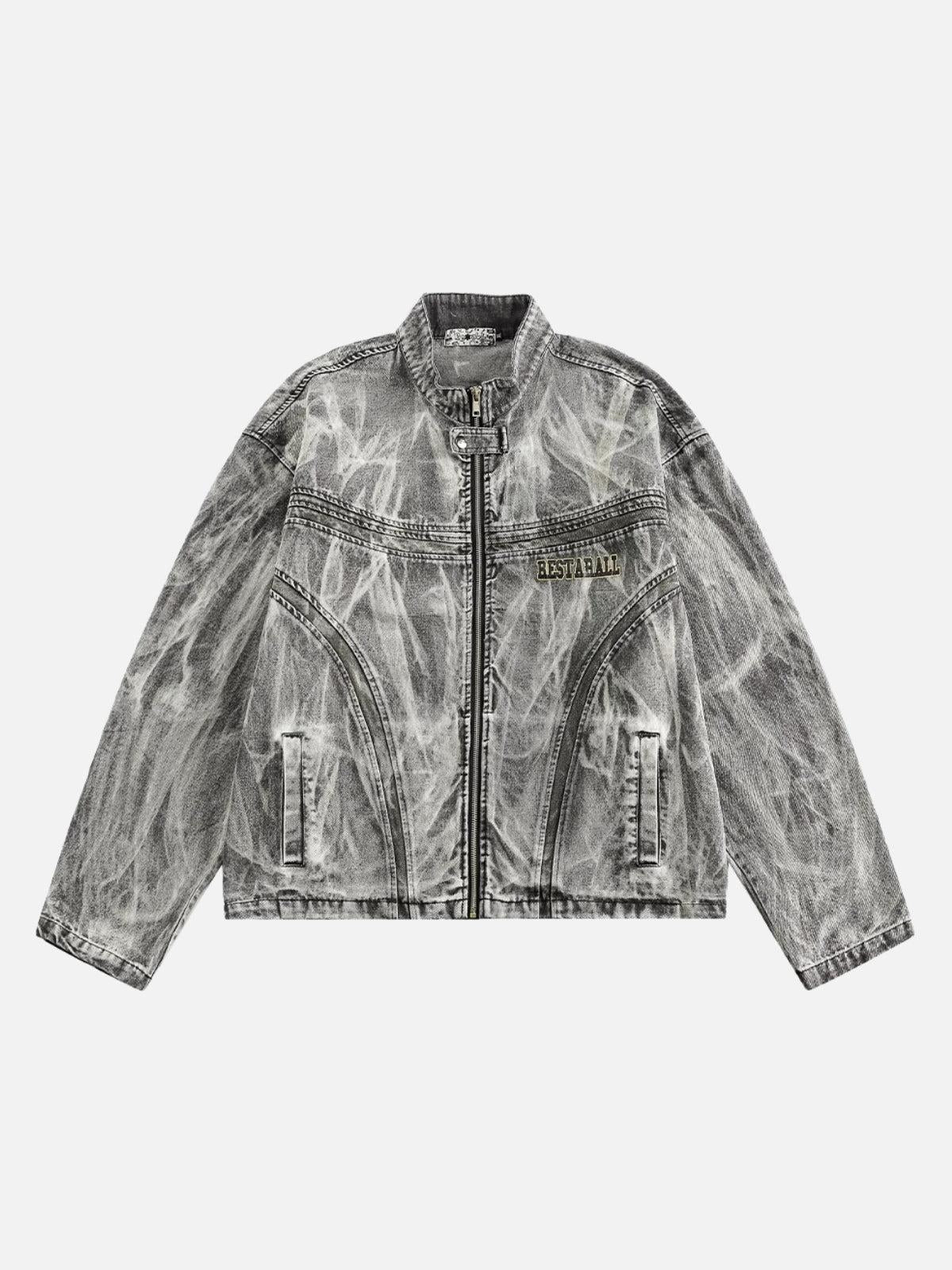 Concert Outfit Vintage Racing Distressed Print Zip-Up Collar Jacket Concert Outfit Vintage Racing Distressed Print Zip-Up Collar Jacket