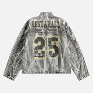 Concert Outfit Vintage Racing Distressed Print Zip-Up Collar Jacket