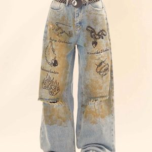 Concert Outfit Vintage Ripped Graffiti Jeans