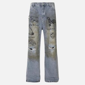 Concert Outfit Vintage Ripped Graffiti Jeans
