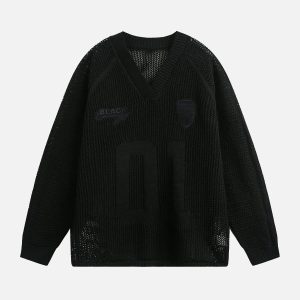 Concert Outfit Vintage Ripped Long Sleeve Knitted Jersey V-Neck Sweater