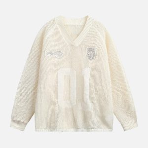 Concert Outfit Vintage Ripped Long Sleeve Knitted Jersey V-Neck Sweater