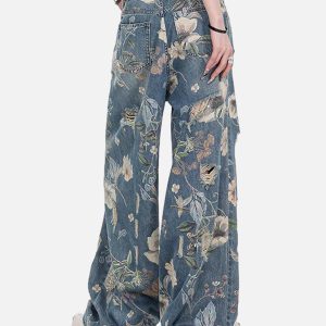 Concert Outfit Vintage Washed Distressed Floral Ripped Baggy Jeans