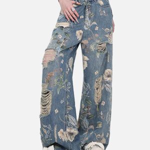 Concert Outfit Vintage Washed Distressed Floral Ripped Baggy Jeans