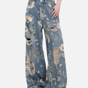 Concert Outfit Vintage Washed Distressed Floral Ripped Baggy Jeans