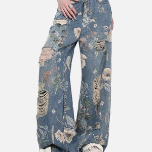Concert Outfit Vintage Washed Distressed Floral Ripped Baggy Jeans