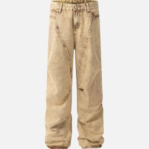 Concert Outfit Vintage Washed Pleated Straight Jeans