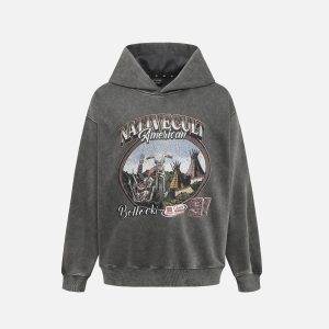 Concert Outfit Vintage Washed Worn Loose Print Hoodie