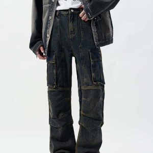 Concert Outfit Washed And Distressed Multi-Pocket Jeans