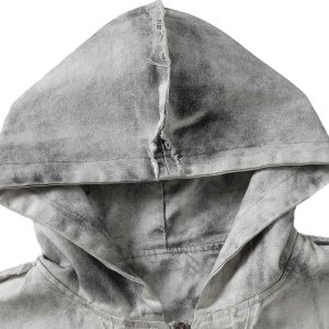 Concert Outfit Washed Distressed Fur Hooded Jacket