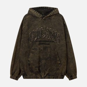 Concert Outfit Washed Distressed Letter Embroidered Denim Hoodie