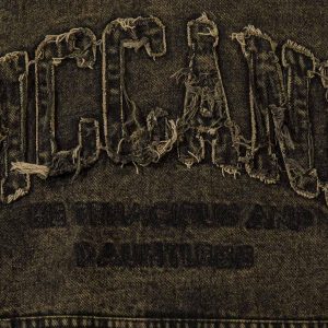 Concert Outfit Washed Distressed Letter Embroidered Denim Hoodie