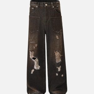 Concert Outfit Washed Distressed Multi-Pocket Ripped Jeans