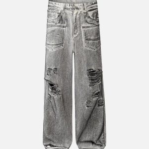 Concert Outfit Washed Distressed Multi-Pocket Ripped Jeans