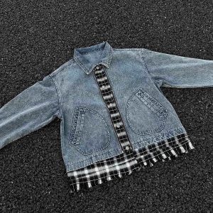 Concert Outfit Washed Distressed Patchwork Faux Two-Piece Denim Jacket