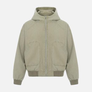 Concert Outfit Washed Distressed Patchwork Work Hooded Jacket