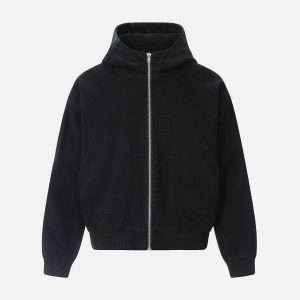 Concert Outfit Washed Distressed Patchwork Work Hooded Jacket