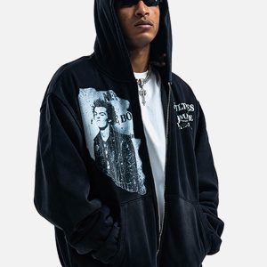 Concert Outfit Washed Distressed Retro Portrait Print Double Zipper Hoodie