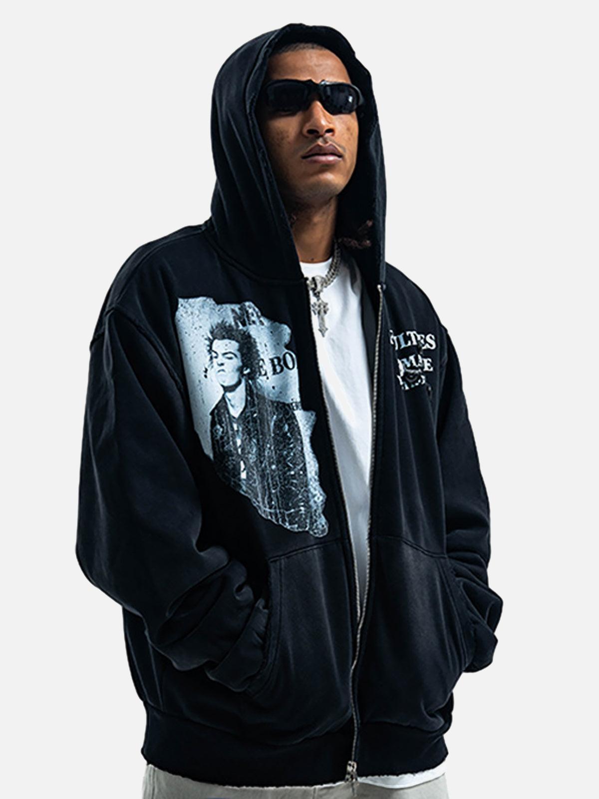 Concert Outfit Washed Distressed Retro Portrait Print Double Zipper Hoodie Concert Outfit Washed Distressed Retro Portrait Print Double Zipper Hoodie