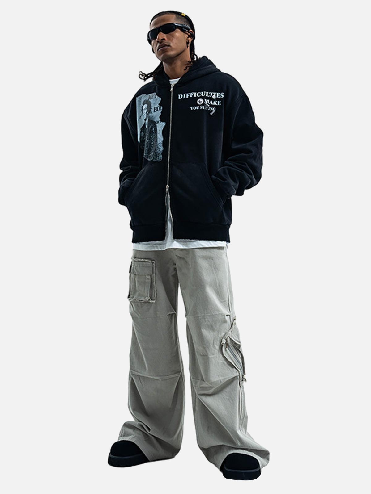 Concert Outfit Washed Distressed Retro Portrait Print Double Zipper Hoodie Concert Outfit Washed Distressed Retro Portrait Print Double Zipper Hoodie