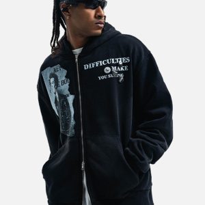 Concert Outfit Washed Distressed Retro Portrait Print Double Zipper Hoodie