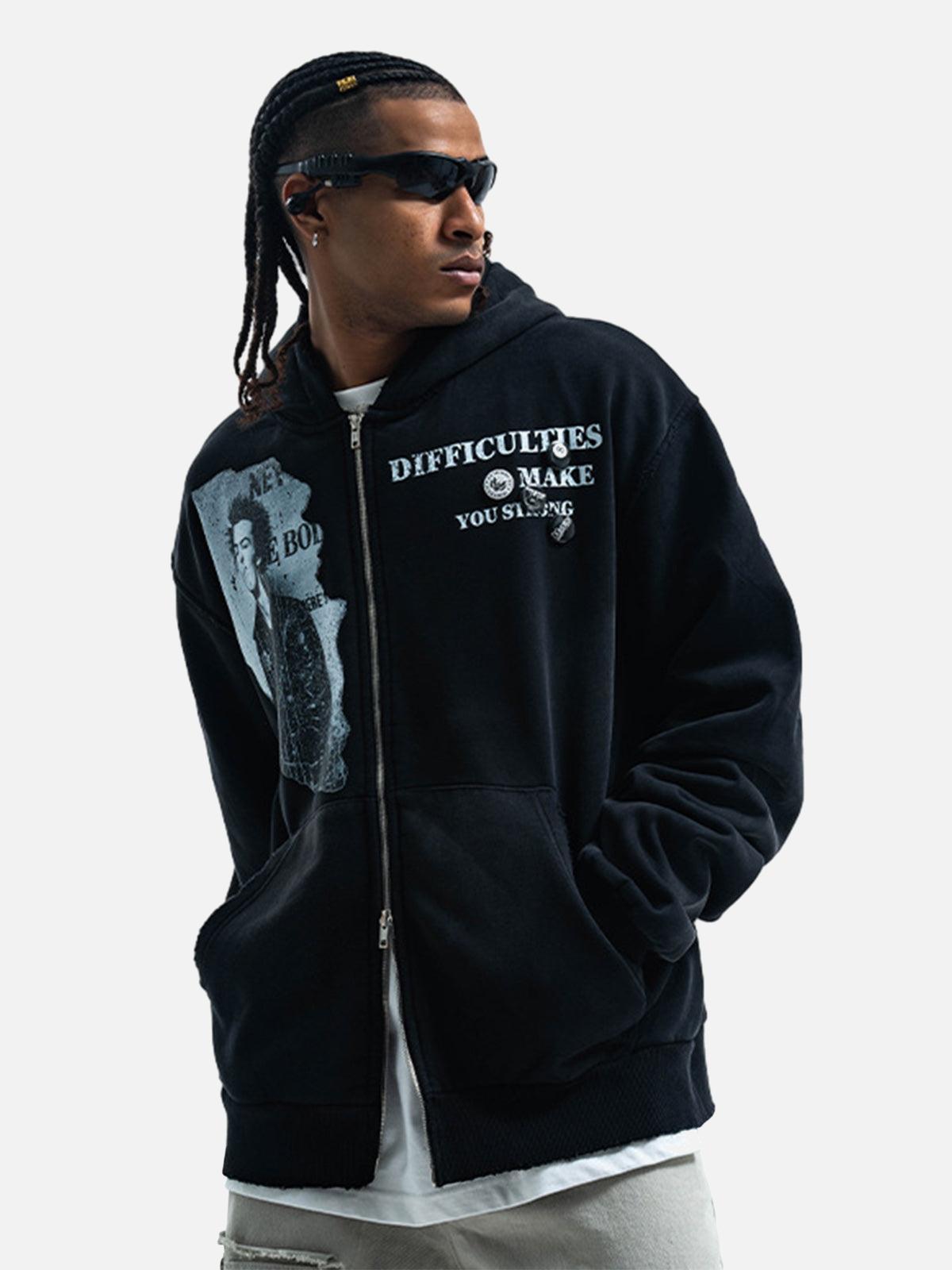 Concert Outfit Washed Distressed Retro Portrait Print Double Zipper Hoodie Concert Outfit Washed Distressed Retro Portrait Print Double Zipper Hoodie