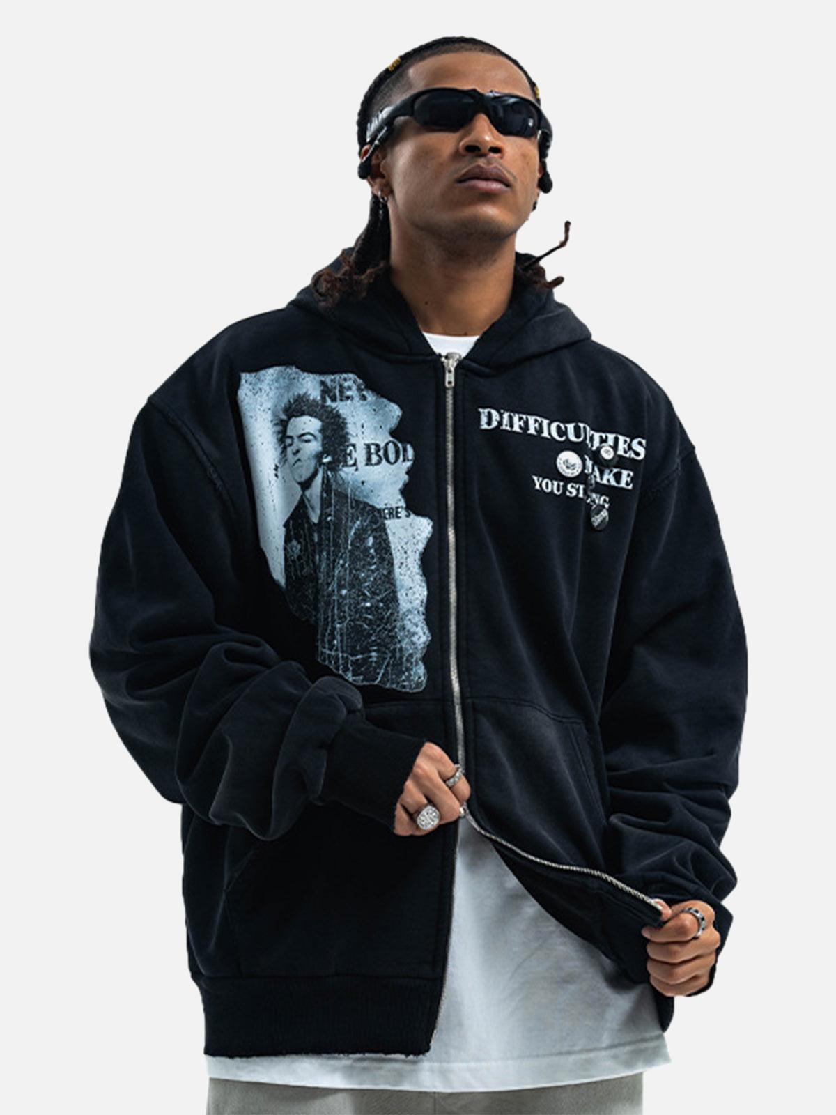 Concert Outfit Washed Distressed Retro Portrait Print Double Zipper Hoodie Concert Outfit Washed Distressed Retro Portrait Print Double Zipper Hoodie