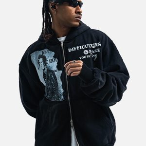 Concert Outfit Washed Distressed Retro Portrait Print Double Zipper Hoodie