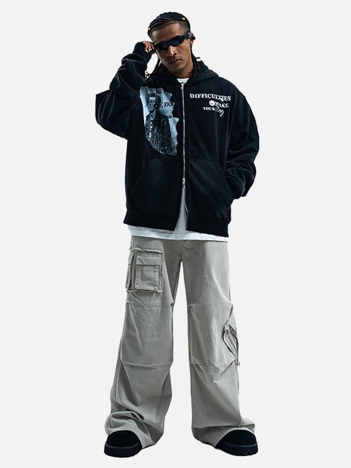 Concert Outfit Washed Distressed Retro Portrait Print Double Zipper Hoodie Concert Outfit Washed Distressed Retro Portrait Print Double Zipper Hoodie