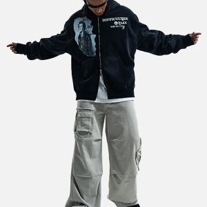 Concert Outfit Washed Distressed Retro Portrait Print Double Zipper Hoodie