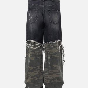 Concert Outfit Washed Distressed Stitching Camouflage Straight Jeans
