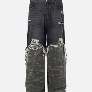 Concert Outfit Washed Distressed Stitching Camouflage Straight Jeans