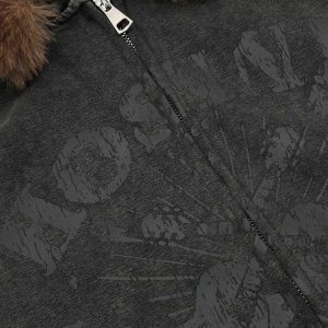 Concert Outfit Washed Fur Collar Zip Up Hoodie