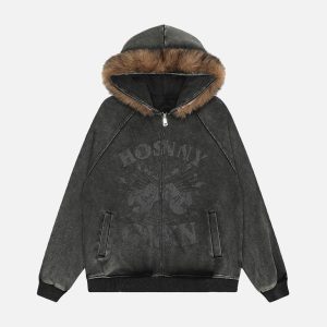 Concert Outfit Washed Fur Collar Zip Up Hoodie