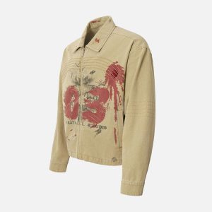 Concert Outfit Washed Graffiti Zip Up Workwear Jacket