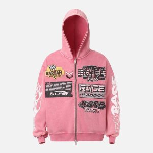 Concert Outfit Washed Racing Zip Up Hoodie