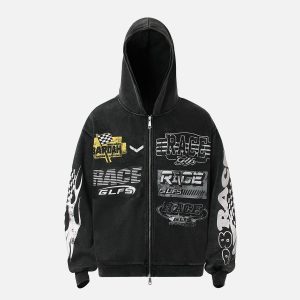 Concert Outfit Washed Racing Zip Up Hoodie