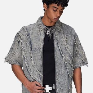 Concert Outfit Washed Raw Edge Denim Shirt