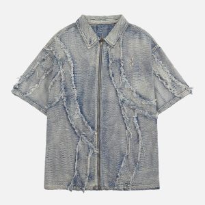 Concert Outfit Washed Raw Edge Denim Shirt