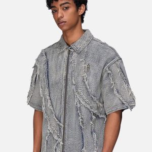 Concert Outfit Washed Raw Edge Denim Shirt