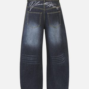Concert Outfit Washed Ripped Embroidered Barrel Jeans
