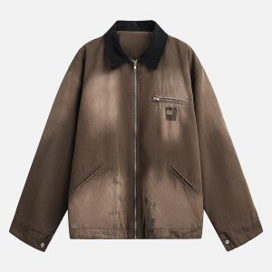 Concert Outfit Washed Ripped Gradient Zip Up Work Jacket
