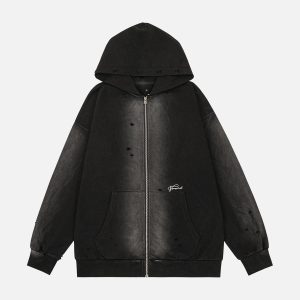 Concert Outfit Washed Ripped Zip Up Hoodie