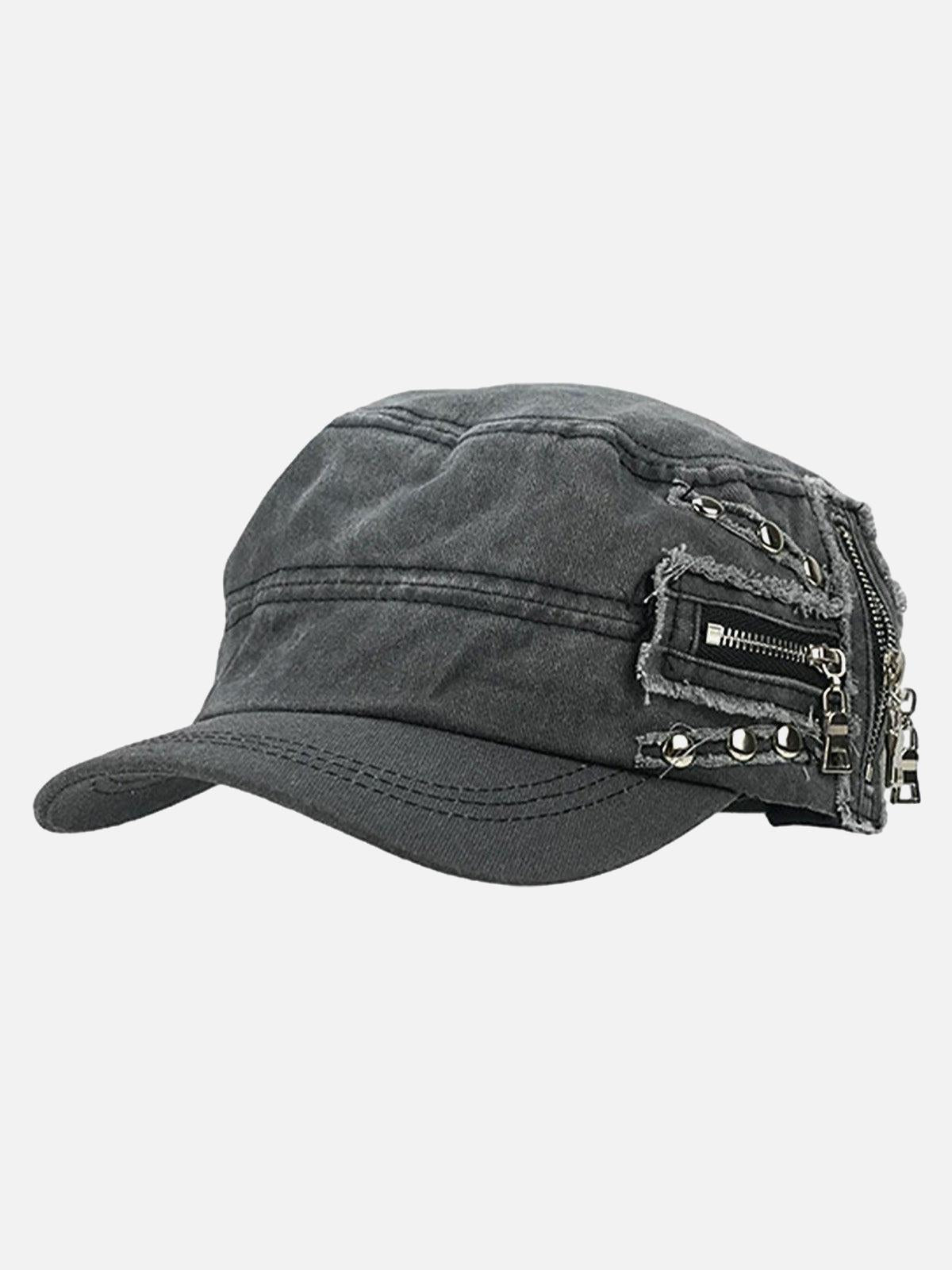 Concert Outfit Washed Rivet Zipper Flat Top Cap Concert Outfit Washed Rivet Zipper Flat Top Cap