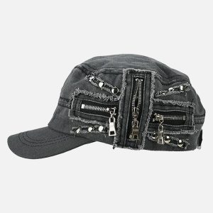 Concert Outfit Washed Rivet Zipper Flat Top Cap